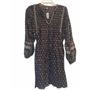 NWT Old Navy Black Patterned Dress Long Sleeves V Neck Elastic at Waist Sz Med